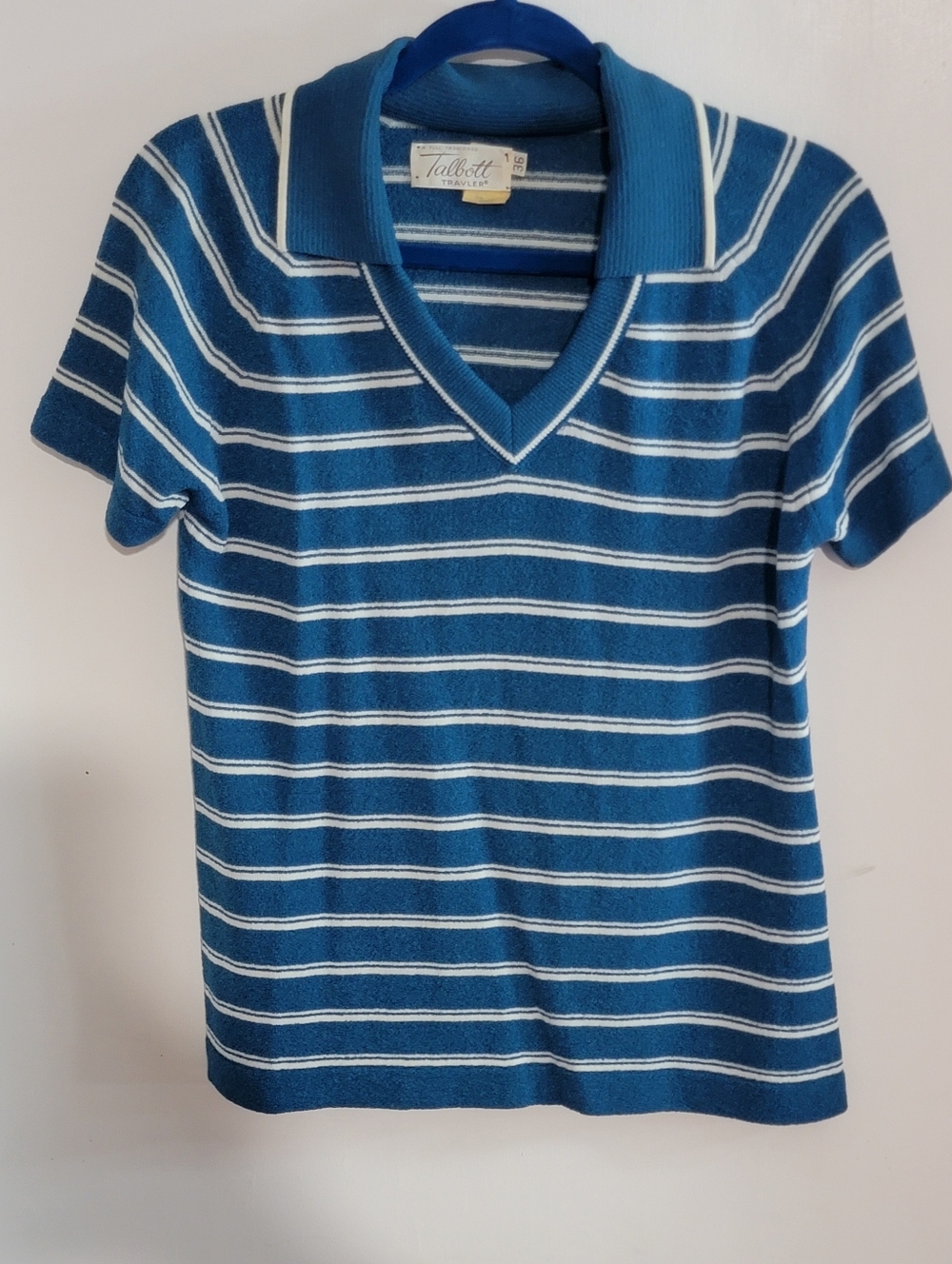 Vintage 70's Talbott Traveler Blue & White Striped V-Neck Polo Sweater